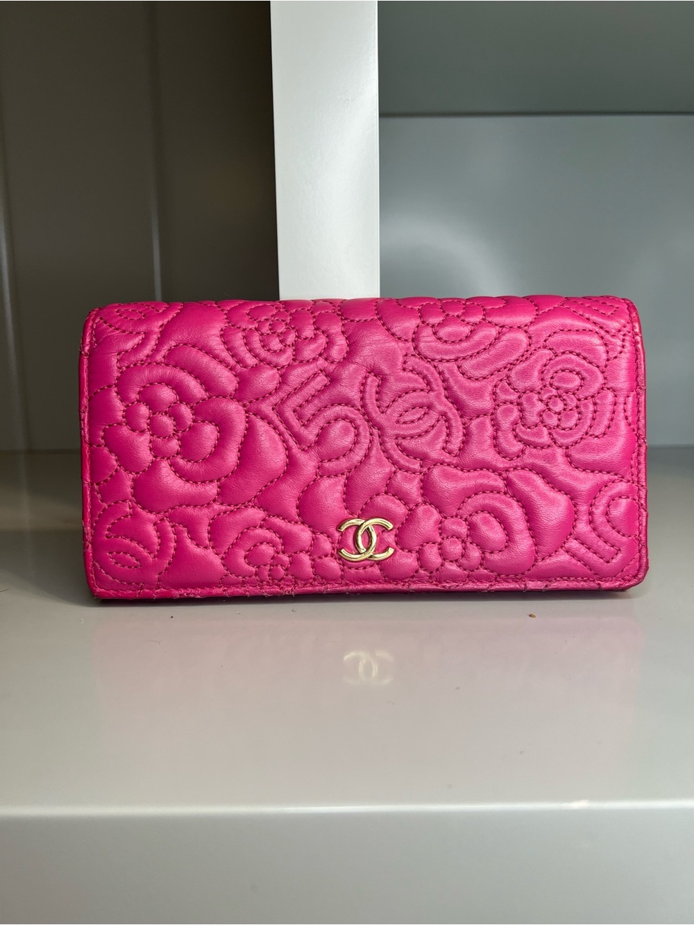 CHANEL Hot Pink Quilted Camellia Leather Wallet with Gold CC Hardware